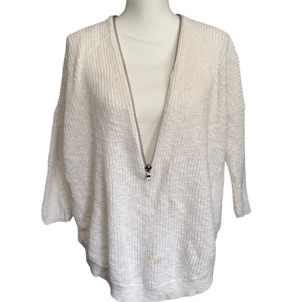 Express Womens White Knit Zip Up Cardigan 3/4 Sleeve‎ Size S